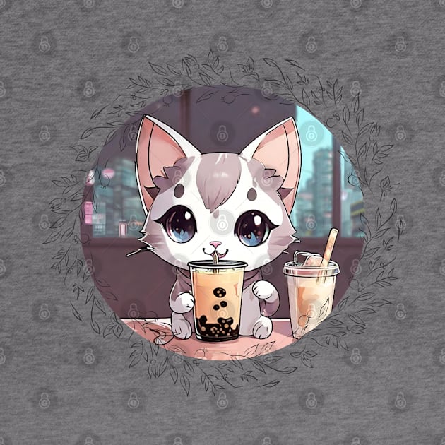 Cute grey and white cartoon cat drinking Boba by vwagenet